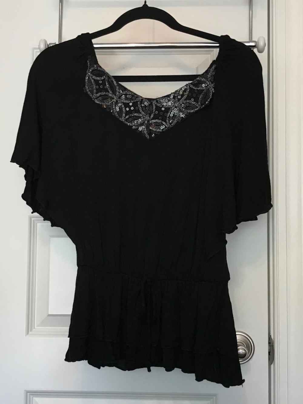 Charming Charlie off the shoulder bat wing black blouse with beads/sequins (S)